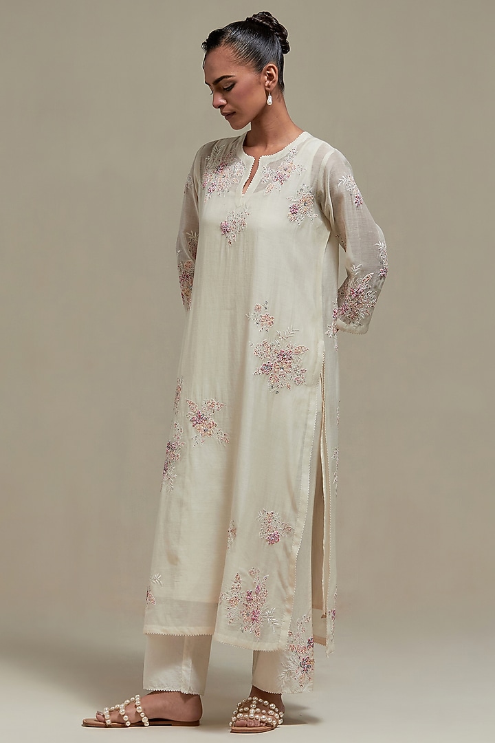 Off-White Cotton Chanderi Sequins Embroidered Straight Kurta Set by Kora at Pernia's Pop Up Shop