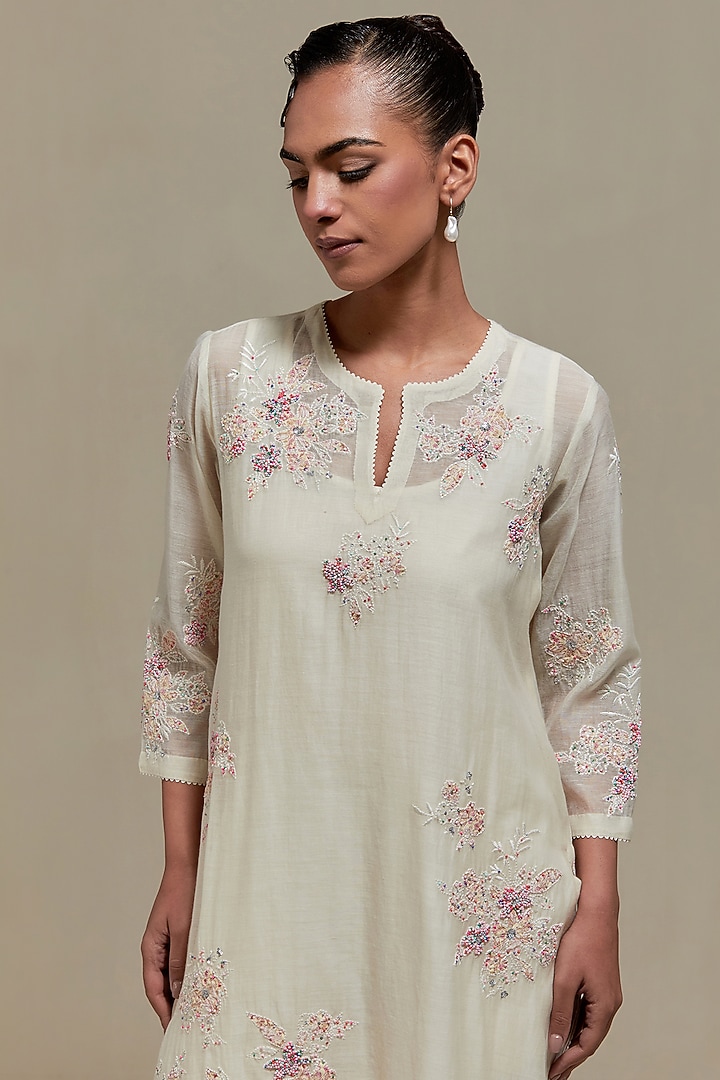 Off-White Cotton Chanderi Sequins Embroidered Straight Kurta Set by Kora at Pernia's Pop Up Shop