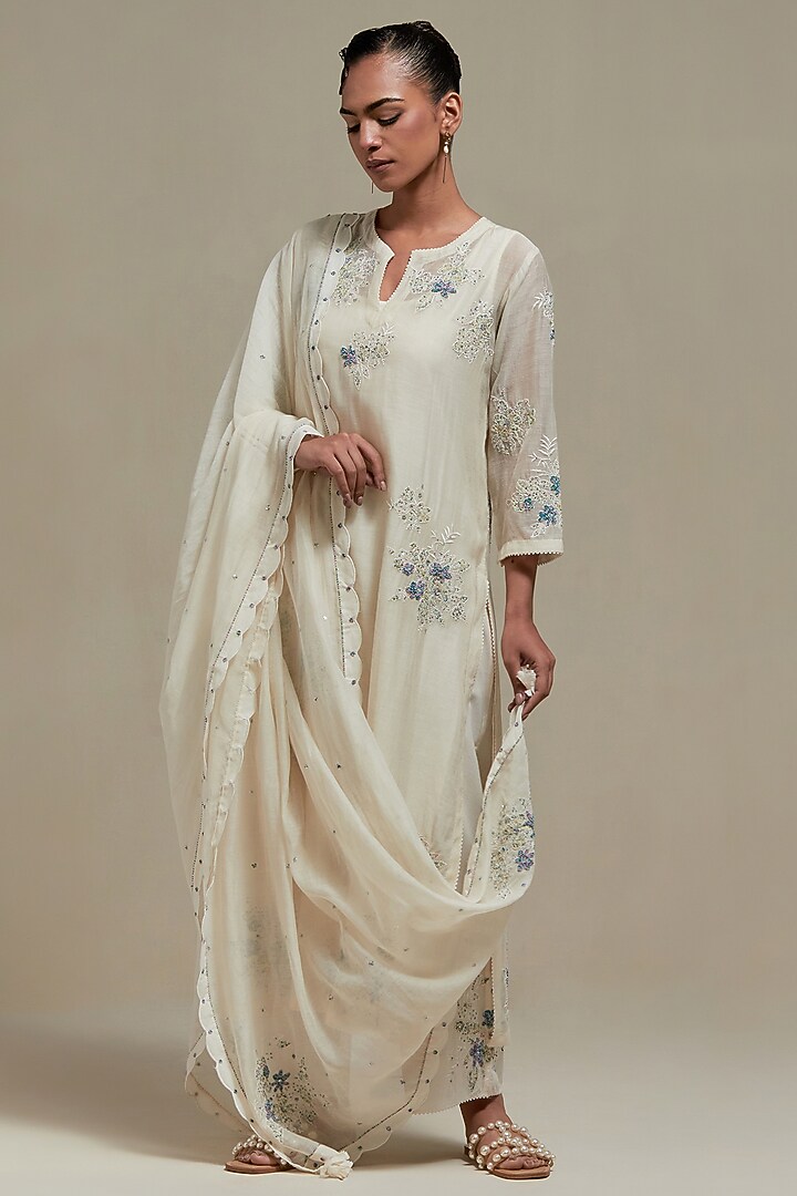 Off-White Cotton Chanderi Sequins Embroidered Straight Kurta Set by Kora at Pernia's Pop Up Shop