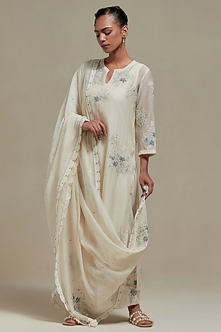 Off-White Cotton Chanderi Sequins Embroidered Straight Kurta Set by Kora