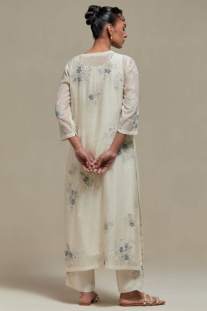 Off-White Cotton Chanderi Sequins Embroidered Straight Kurta Set by Kora at Pernia's Pop Up Shop