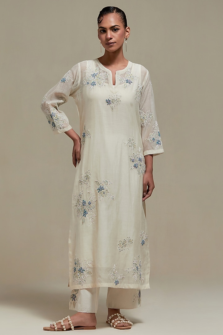 Off-White Cotton Chanderi Sequins Embroidered Straight Kurta Set by Kora at Pernia's Pop Up Shop