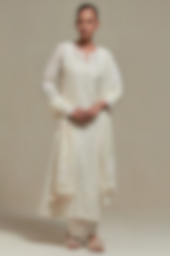 Off-White Cotton Chanderi Sequins Embroidered Straight Kurta Set by Kora at Pernia's Pop Up Shop