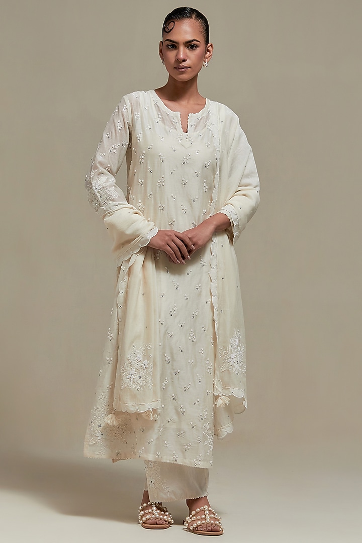 Off-White Cotton Chanderi Sequins Embroidered Straight Kurta Set by Kora at Pernia's Pop Up Shop