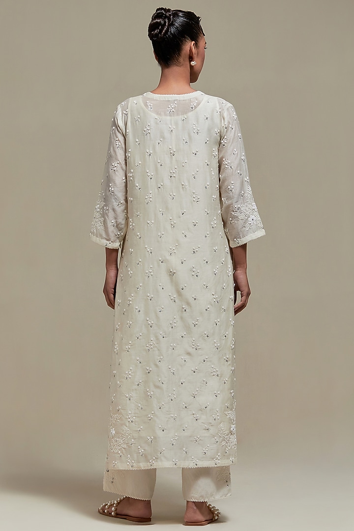 Off-White Cotton Chanderi Sequins Embroidered Straight Kurta Set by Kora at Pernia's Pop Up Shop