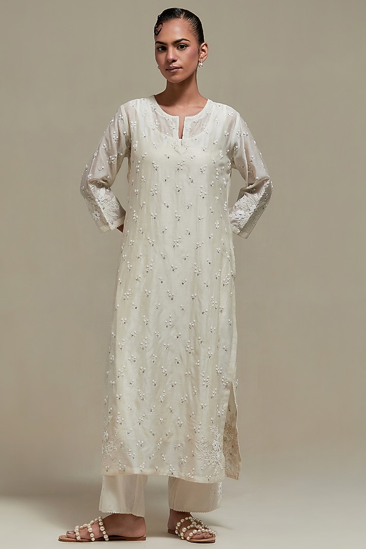 Off-White Cotton Chanderi Sequins Embroidered Straight Kurta Set by Kora at Pernia's Pop Up Shop