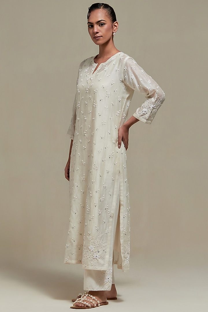 Off-White Cotton Chanderi Sequins Embroidered Straight Kurta Set by Kora at Pernia's Pop Up Shop