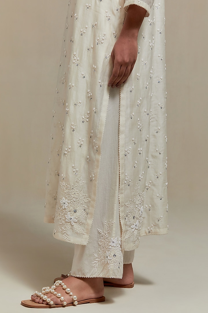 Off-White Cotton Chanderi Sequins Embroidered Straight Kurta Set by Kora at Pernia's Pop Up Shop
