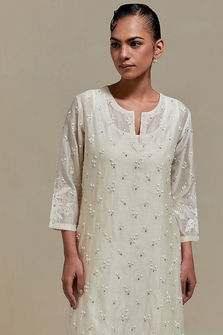 Off-White Cotton Chanderi Sequins Embroidered Straight Kurta Set by Kora at Pernia's Pop Up Shop