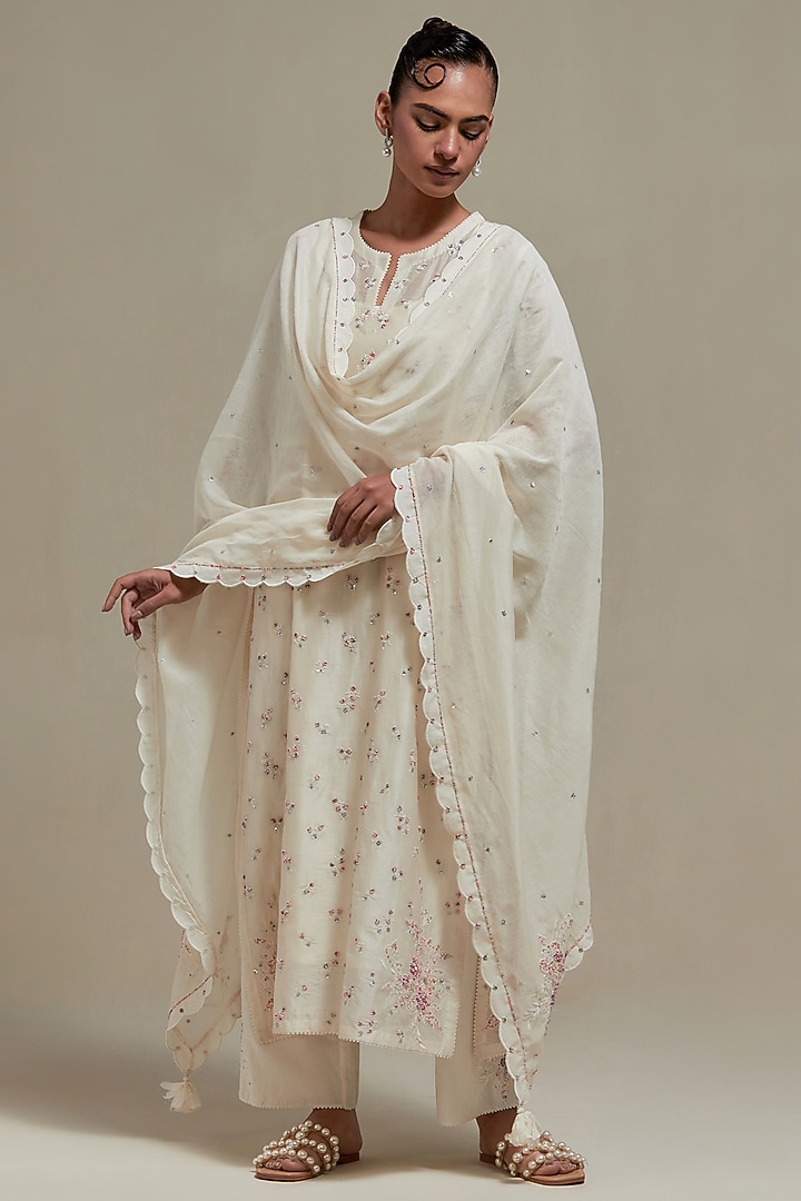 Off-White Cotton Chanderi Sequins Embroidered Straight Kurta Set by Kora at Pernia's Pop Up Shop