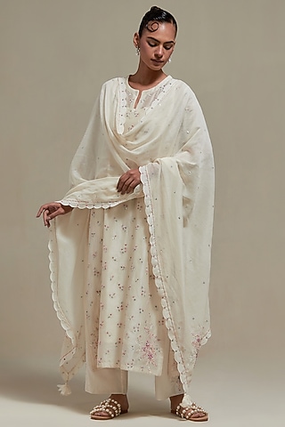 Off-White Cotton Chanderi Sequins Embroidered Straight Kurta Set by Kora