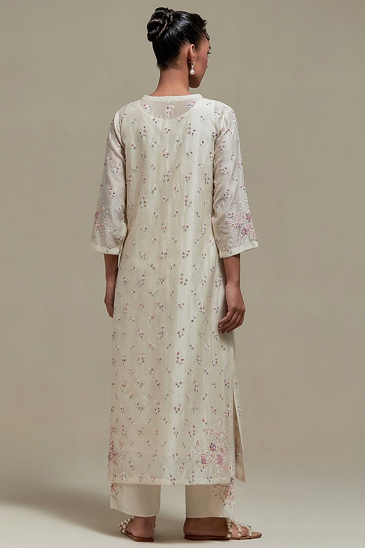 Off-White Cotton Chanderi Sequins Embroidered Straight Kurta Set by Kora at Pernia's Pop Up Shop