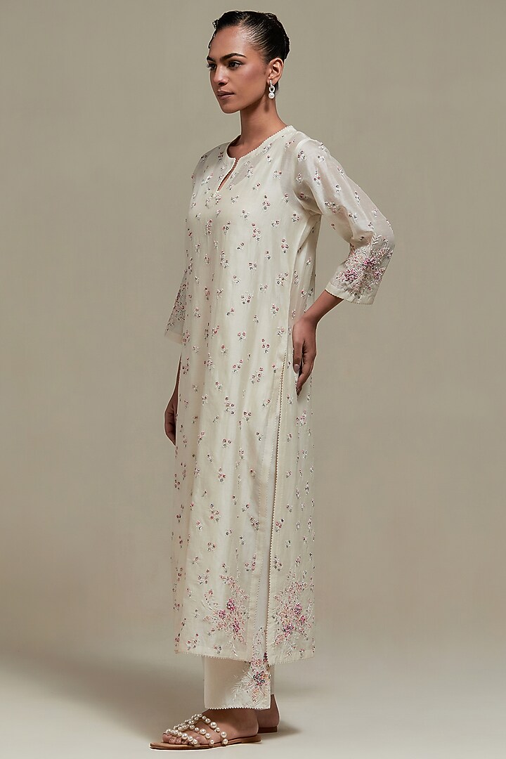 Off-White Cotton Chanderi Sequins Embroidered Straight Kurta Set by Kora at Pernia's Pop Up Shop