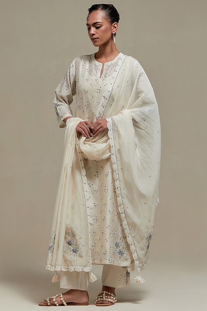 Off-White Cotton Chanderi Sequins Embroidered Straight Kurta Set by Kora at Pernia's Pop Up Shop