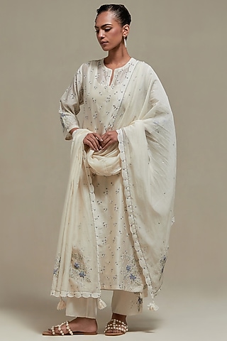 Off-White Cotton Chanderi Sequins Embroidered Straight Kurta Set by Kora