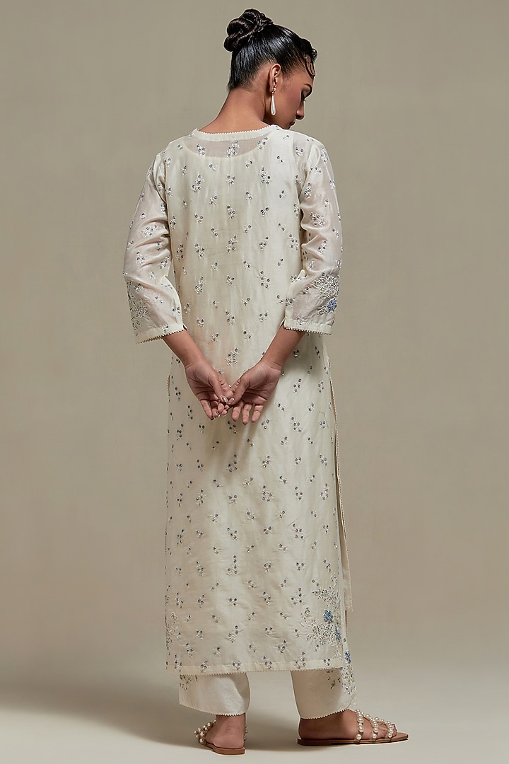 Off-White Cotton Chanderi Sequins Embroidered Straight Kurta Set by Kora at Pernia's Pop Up Shop