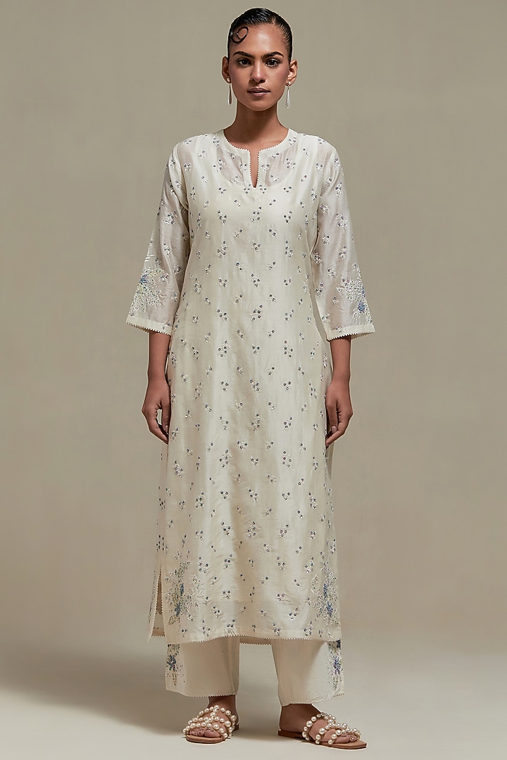 Off-White Cotton Chanderi Sequins Embroidered Straight Kurta Set by Kora at Pernia's Pop Up Shop