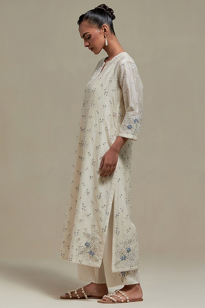 Off-White Cotton Chanderi Sequins Embroidered Straight Kurta Set by Kora at Pernia's Pop Up Shop