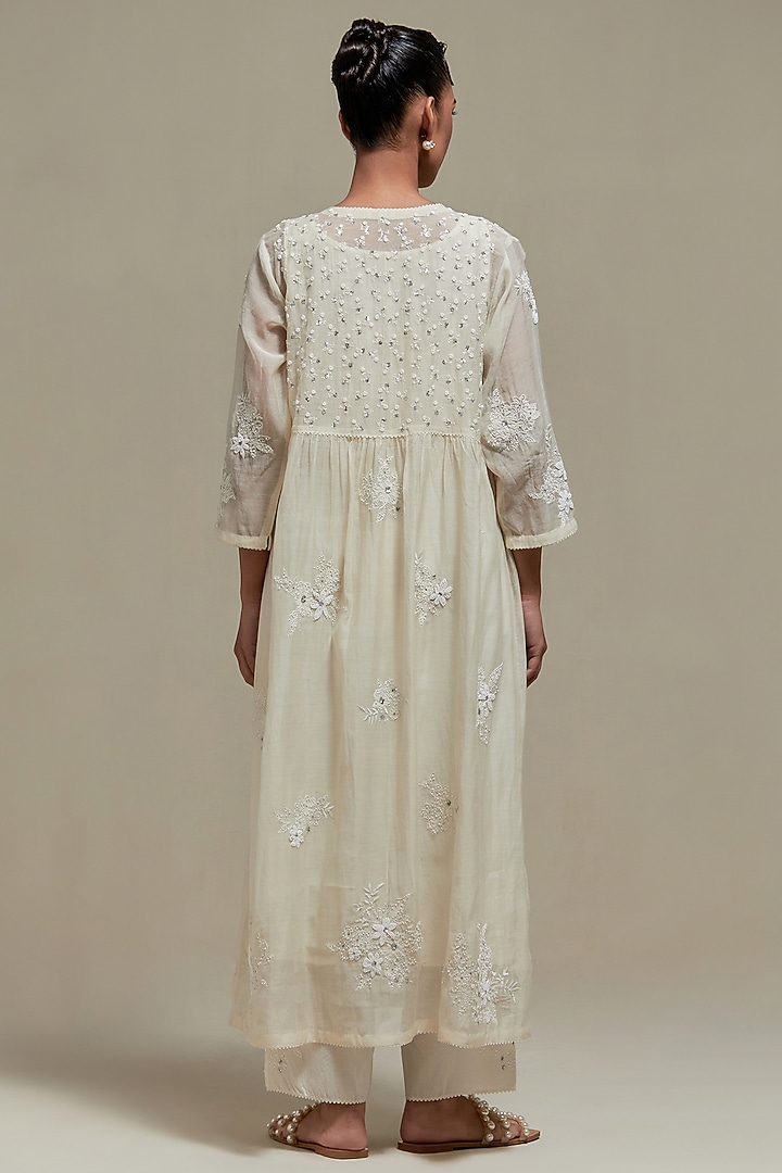 Off-White Cotton Chanderi Sequins Embroidered Gathered Kurta Set by Kora at Pernia's Pop Up Shop