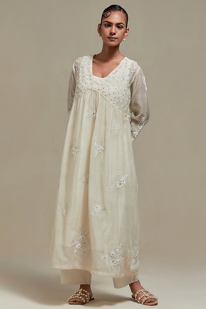 Off-White Cotton Chanderi Sequins Embroidered Gathered Kurta Set by Kora at Pernia's Pop Up Shop
