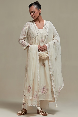 Off-White Cotton Chanderi Sequins Embroidered Gathered Kurta Set by Kora