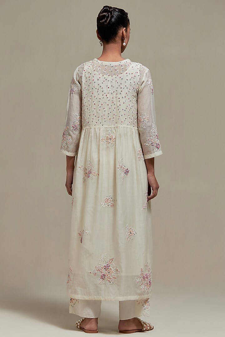Off-White Cotton Chanderi Sequins Embroidered Gathered Kurta Set by Kora at Pernia's Pop Up Shop