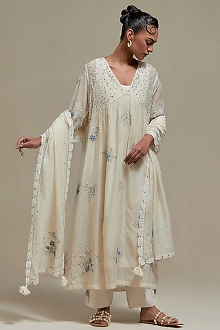 Off-White Cotton Chanderi Sequins Embroidered Gathered Kurta Set by Kora