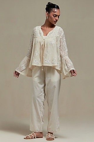 Off-White Cotton Chanderi Sequins Embroidered Co-Ord Set by Kora