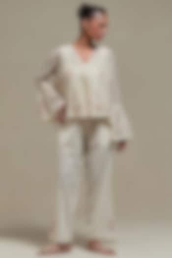 Off-White Cotton Chanderi Sequins Embroidered Co-Ord Set by Kora at Pernia's Pop Up Shop