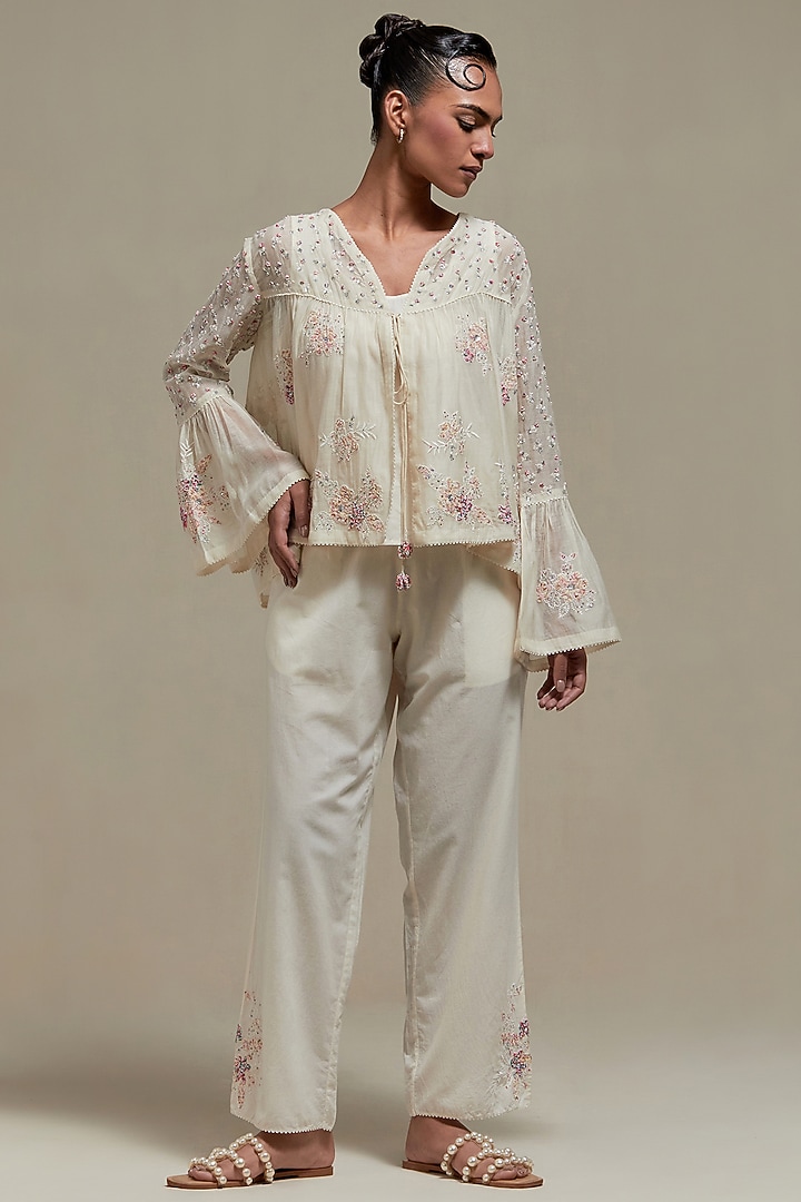 Off-White Cotton Chanderi Sequins Embroidered Co-Ord Set by Kora at Pernia's Pop Up Shop