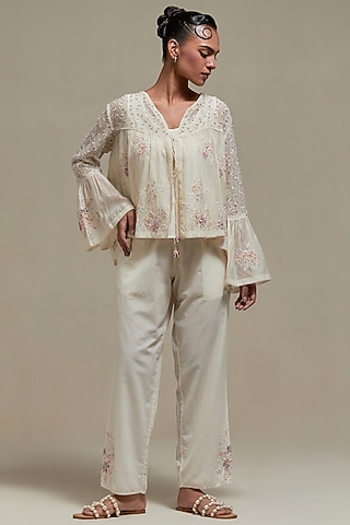 Off-White Cotton Chanderi Sequins Embroidered Co-Ord Set by Kora