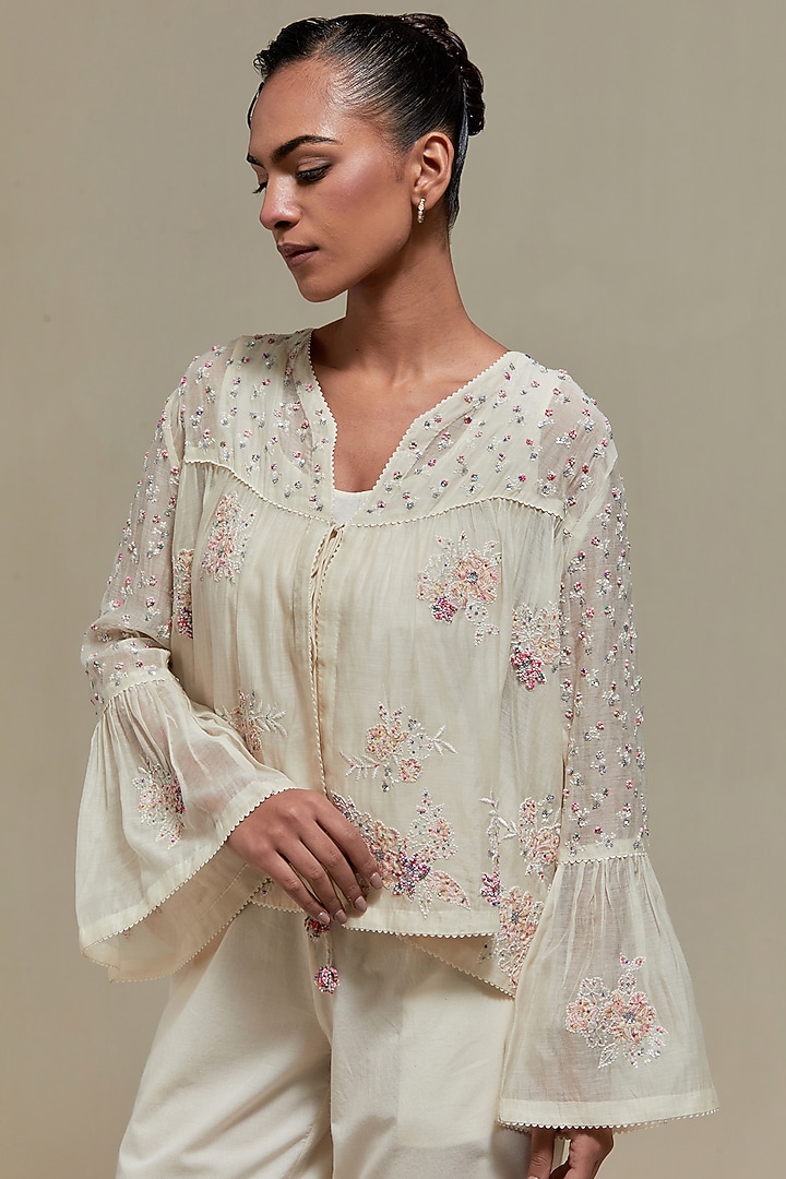 Off-White Cotton Chanderi Sequins Embroidered Co-Ord Set by Kora at Pernia's Pop Up Shop