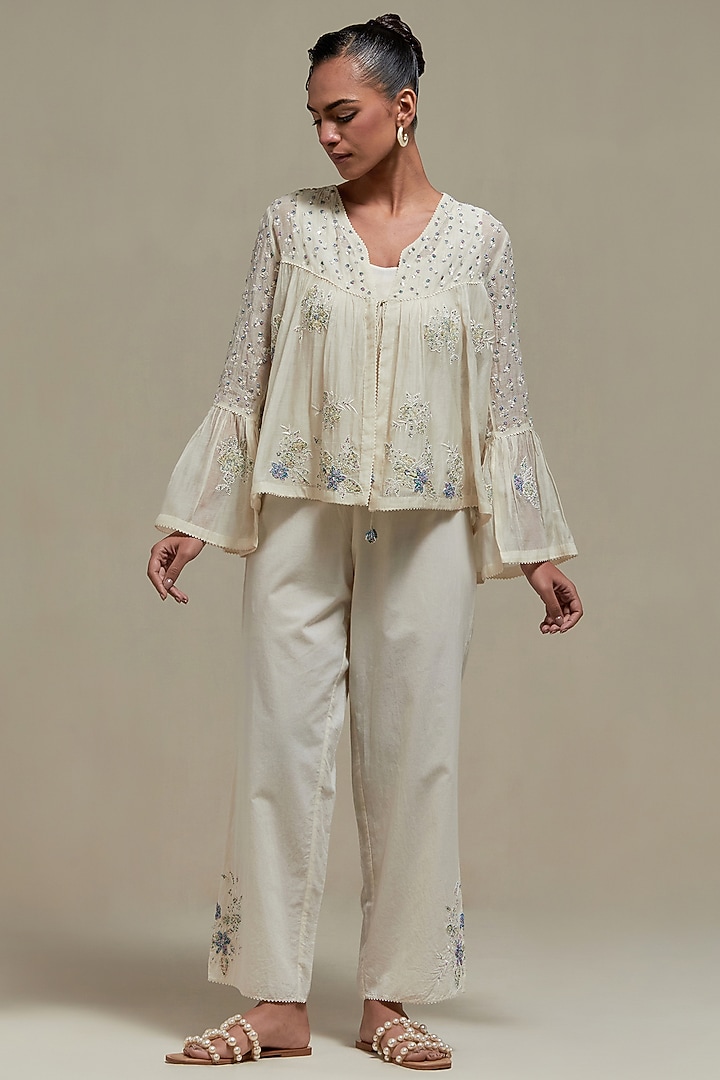 Off-White Cotton Chanderi Sequins Embroidered Co-Ord Set by Kora at Pernia's Pop Up Shop