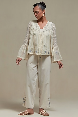 Off-White Cotton Chanderi Sequins Embroidered Co-Ord Set by Kora