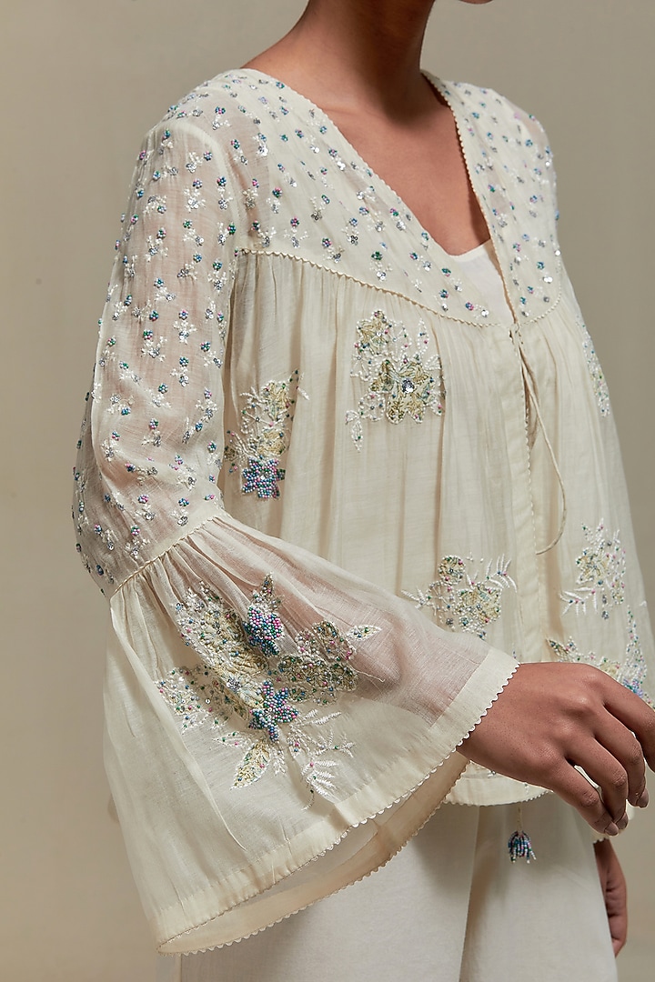 Off-White Cotton Chanderi Sequins Embroidered Co-Ord Set by Kora at Pernia's Pop Up Shop