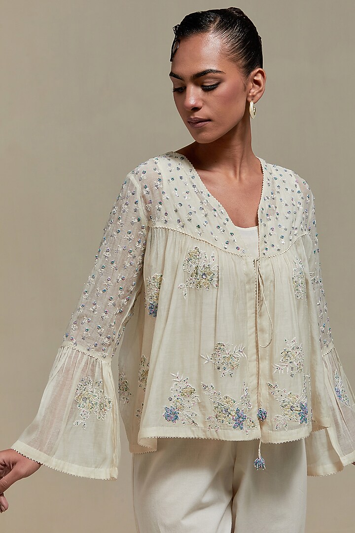 Off-White Cotton Chanderi Sequins Embroidered Co-Ord Set by Kora at Pernia's Pop Up Shop