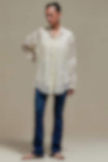 Off-White Cotton Chanderi Embroidered Shirt by Kora at Pernia's Pop Up Shop