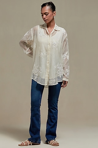Off-White Cotton Chanderi Embroidered Shirt by Kora