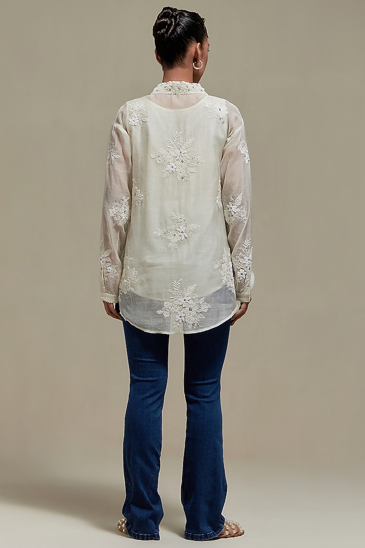 Off-White Cotton Chanderi Embroidered Shirt by Kora at Pernia's Pop Up Shop