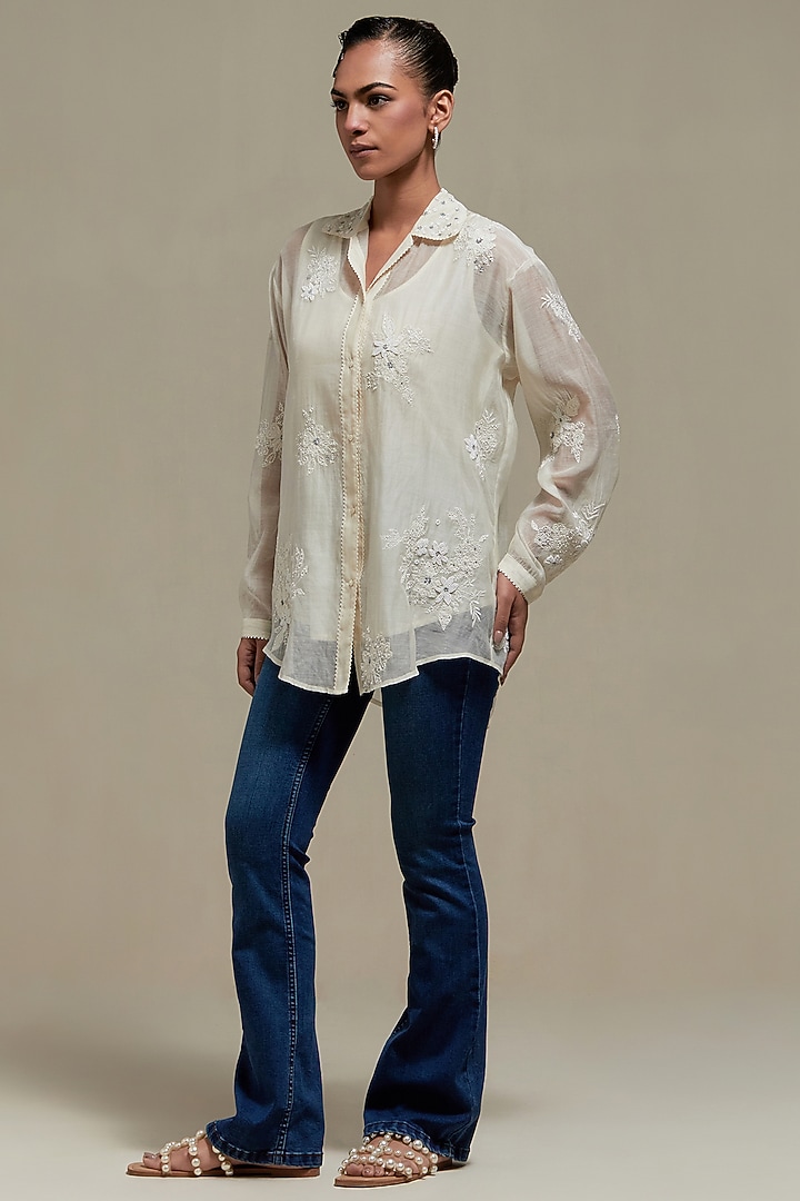 Off-White Cotton Chanderi Embroidered Shirt by Kora at Pernia's Pop Up Shop
