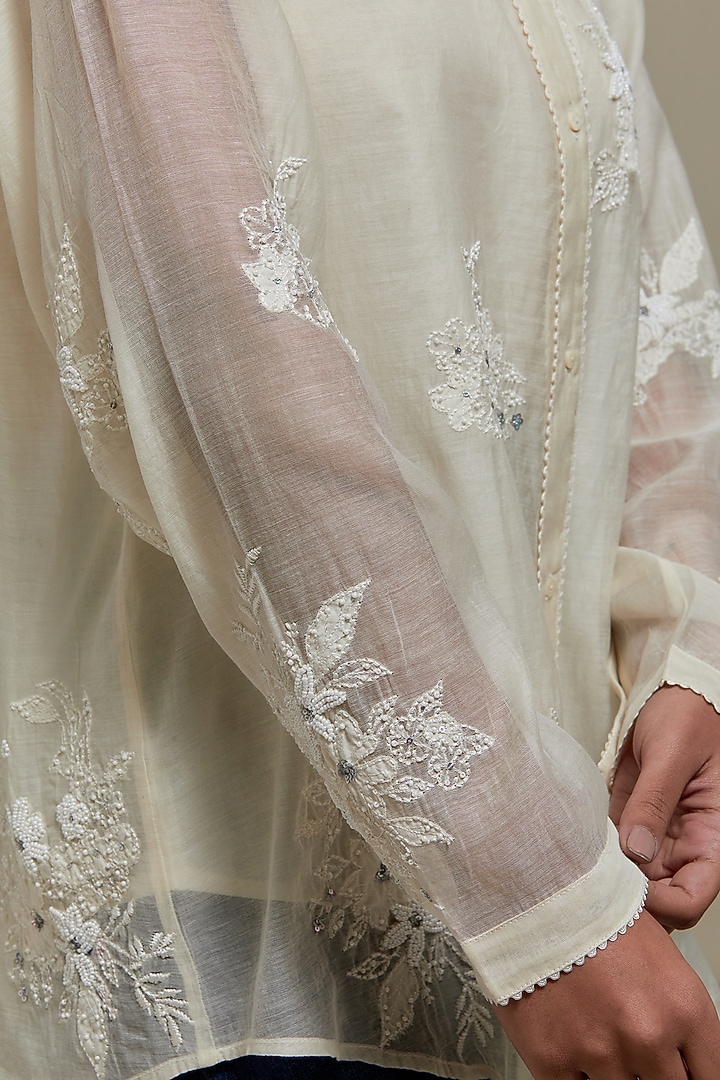 Off-White Cotton Chanderi Embroidered Shirt by Kora at Pernia's Pop Up Shop