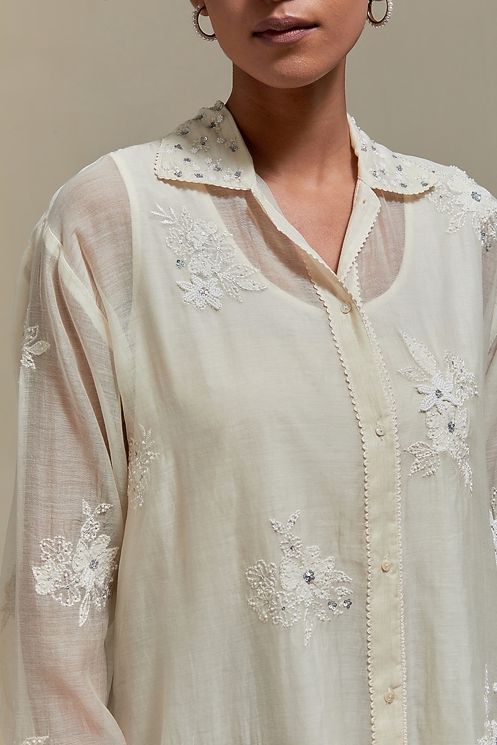 Off-White Cotton Chanderi Embroidered Shirt by Kora at Pernia's Pop Up Shop