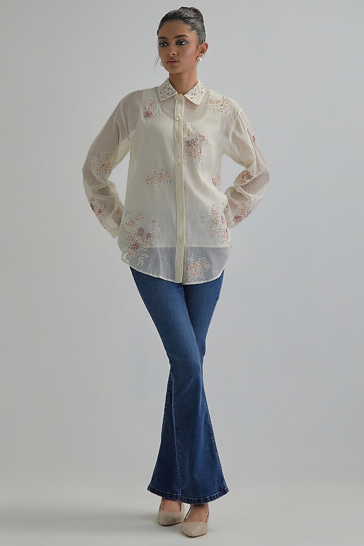 Off-White Cotton Chanderi Embroidered Shirt by Kora at Pernia's Pop Up Shop