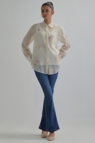 Off-White Cotton Chanderi Embroidered Shirt by Kora