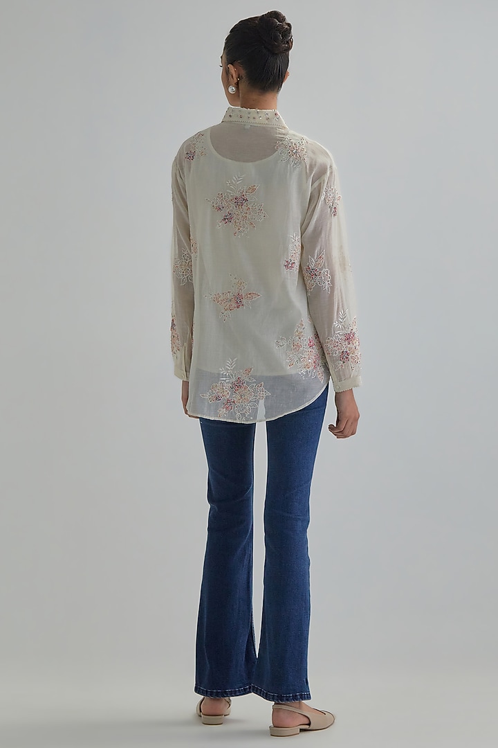 Off-White Cotton Chanderi Embroidered Shirt by Kora at Pernia's Pop Up Shop