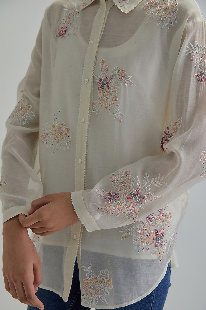 Off-White Cotton Chanderi Embroidered Shirt by Kora at Pernia's Pop Up Shop
