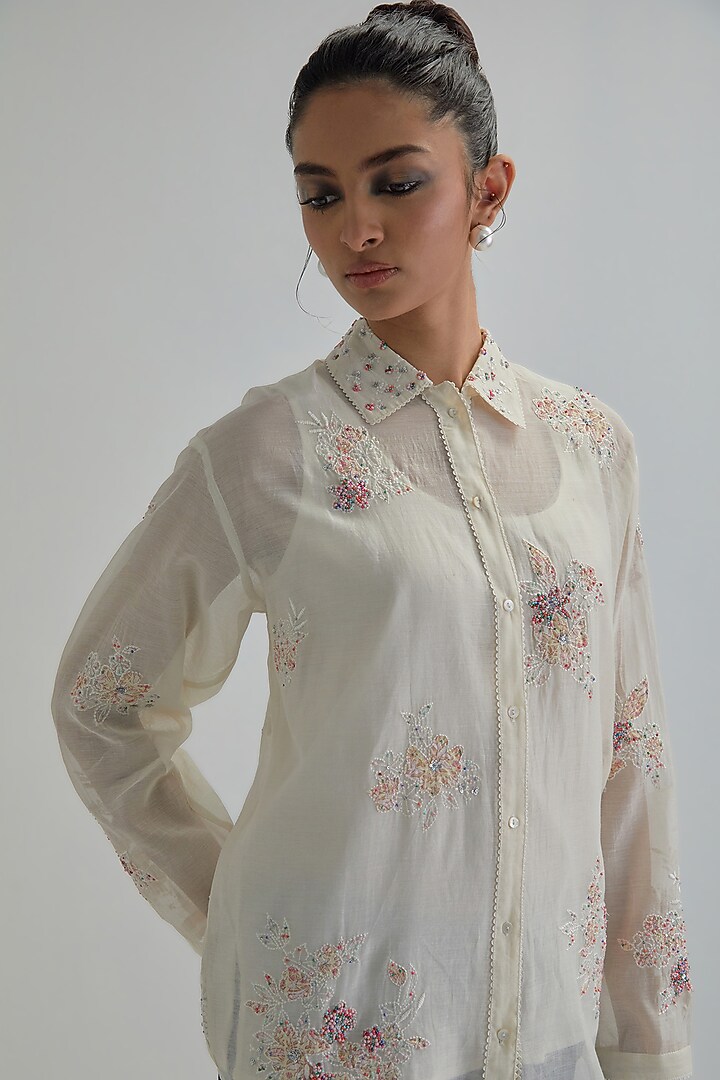 Off-White Cotton Chanderi Embroidered Shirt by Kora at Pernia's Pop Up Shop