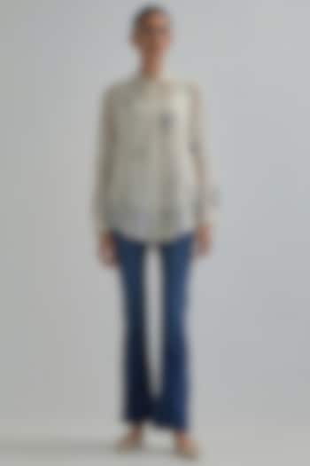 Off-White Cotton Chanderi Embroidered Shirt by Kora at Pernia's Pop Up Shop