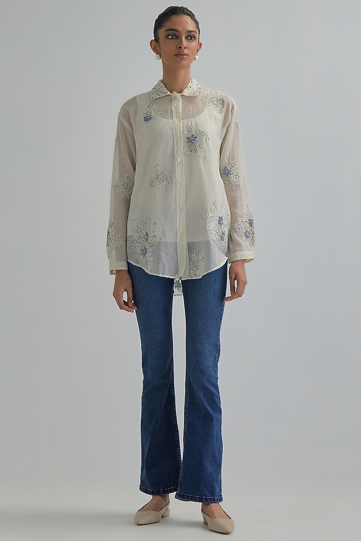 Off-White Cotton Chanderi Embroidered Shirt by Kora at Pernia's Pop Up Shop