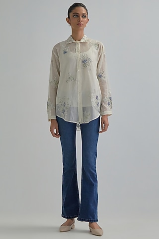 Off-White Cotton Chanderi Embroidered Shirt by Kora